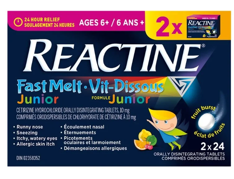 قرص ضدآلرژی و حساسیت بازشونده در دهان ری‌اکتین جونیور (پک دوتایی) REACTINE Fast Melt Junior 24-Hour Relief (2 x 24 Tablets)